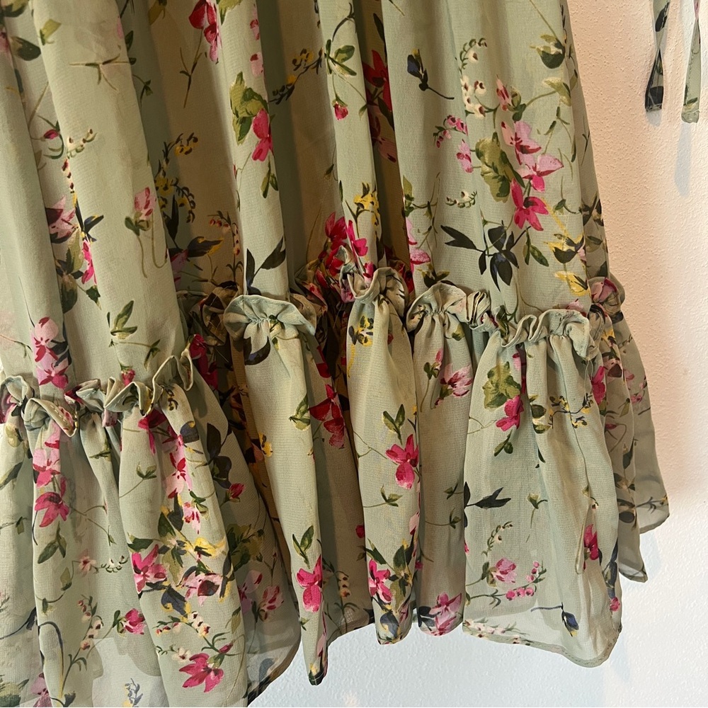 Taylor Sheer 3/4 Sleeve V-Neck Rusched Button Front Floral Lined Ruffle Dress - Picture 6 of 11